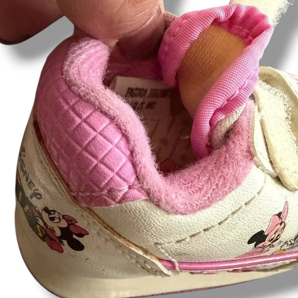 Disney Vintage Minnie Mouse Babies Sneakers Kids Size 1 White Pink Hook Loop
